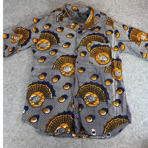 VINTAGE 60s Button Up Shirt Mens XL Blue Orange Bird Festival Boho Beach Retro